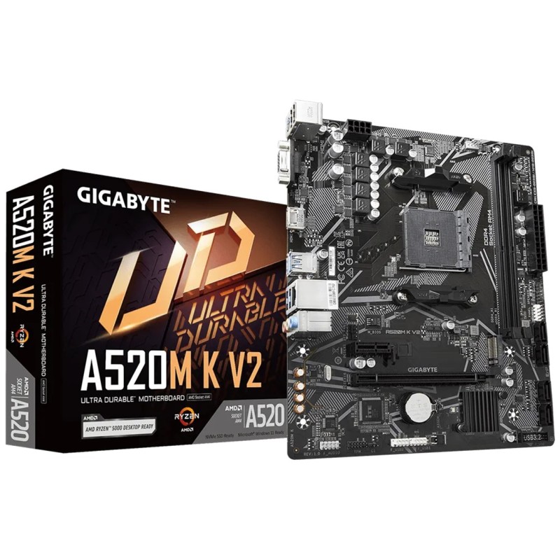 Placa base gigabyte a520m k v2 am4 m - atx -  2 x ddr4 -  4 x usb 3.2 -  2 x usb 2.0 -  1 x hdmi -  1 x d - sub -  1 x ps - 2