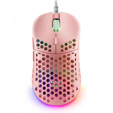 MOUSE MARS GAMING RGB MM55P DISE¾O HIVE PINK 12800dpi A825PRO SWITCH HUANO SUPERFICIE PERFORADA ILUMINACION RGB CHROMA PESO 55g 