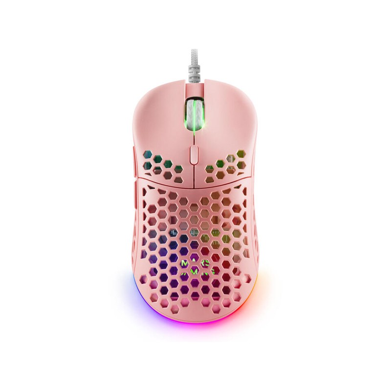 MOUSE MARS GAMING RGB MM55P DISE¾O HIVE PINK 12800dpi A825PRO SWITCH HUANO SUPERFICIE PERFORADA ILUMINACION RGB CHROMA PESO 55g 