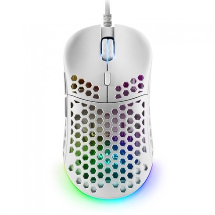 MOUSE MARS GAMING RGB MM55W DISE¾O HIVE WHITE 12800dpi A825PRO SWITCH HUANO SUPERFICIE PERFORADA ILUMINACION RGB CHROMA PESO 55g
