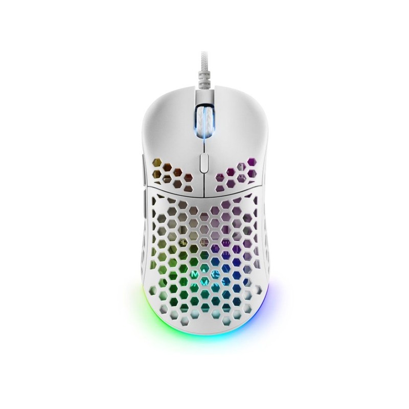 MOUSE MARS GAMING RGB MM55W DISE¾O HIVE WHITE 12800dpi A825PRO SWITCH HUANO SUPERFICIE PERFORADA ILUMINACION RGB CHROMA PESO 55g
