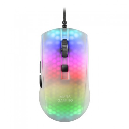 MOUSE MARS GAMING RGB MMR TRANSLUCIDO WHITE 12800DPI ULTRA LIGERO 58g ILUMINACION RGB SWITCHES MECANICOS HUANO PROGRAMABLES