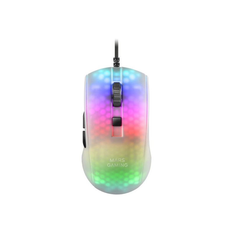 MOUSE MARS GAMING RGB MMR TRANSLUCIDO WHITE 12800DPI ULTRA LIGERO 58g ILUMINACION RGB SWITCHES MECANICOS HUANO PROGRAMABLES