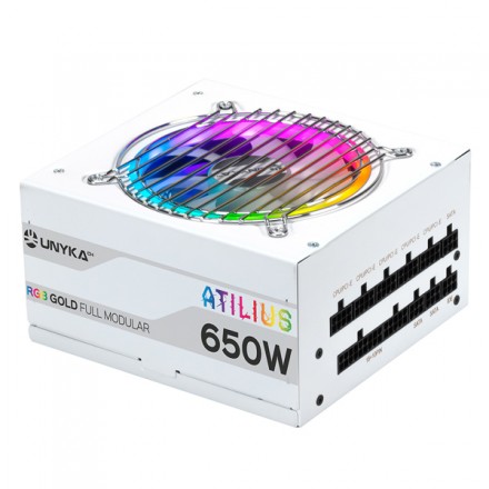 FUENTE DE ALIMENTACIÓN UNYKA ATILIUS RGB ATX 650W WHITE CABLEADO MODULAR APFC ACTIVO EFICIENCIA ENERGETICA 90% VENTILADOR RGB 12