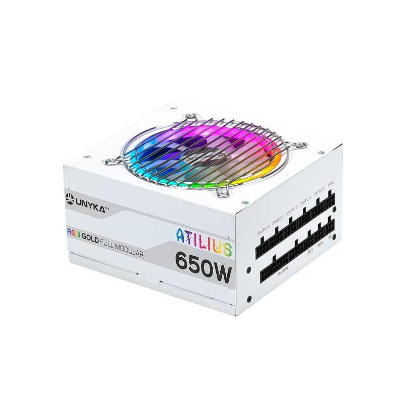 FUENTE DE ALIMENTACIÓN UNYKA ATILIUS RGB ATX 650W WHITE CABLEADO MODULAR APFC ACTIVO EFICIENCIA ENERGETICA 90% VENTILADOR RGB 12
