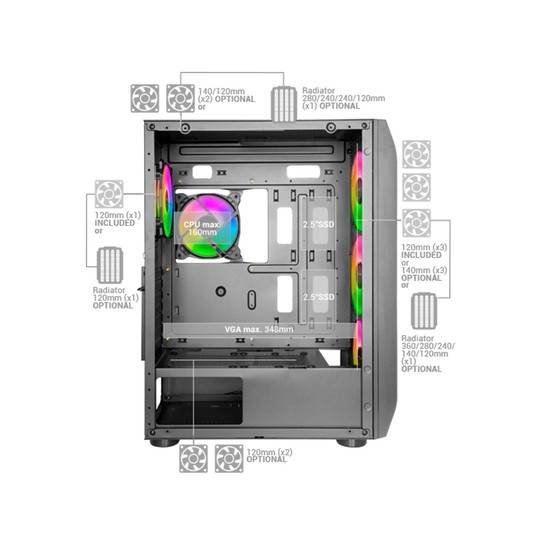 Caja E-atx Torre Gaming Mars Gaming Mc-kx Xxl Black Lateral Cristal Templado Frontal Mesh Incluye 5