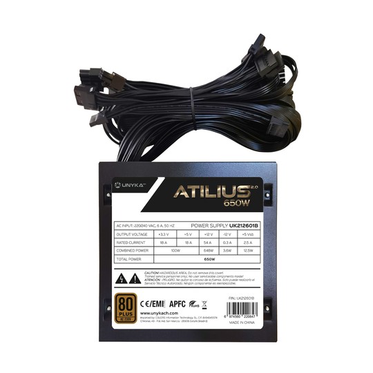 Fuente De Alimentacion Unyka Atilus Atx 650w 80plus Bronze Pfc Activo Ventilador 120mm Ultra Silciosa Sin Caja Retail