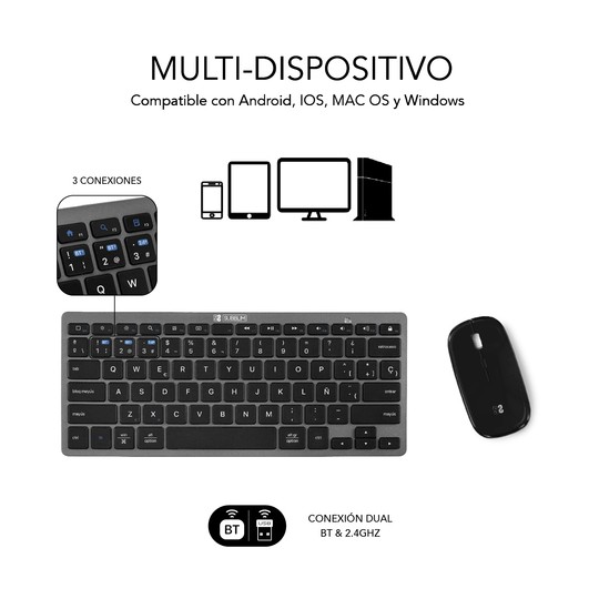 COMBO TECLADO RATON SUBBLIM MULTIDISPOSITIVO COMPACTO GRIS/NEGRO BLUETOOTH
