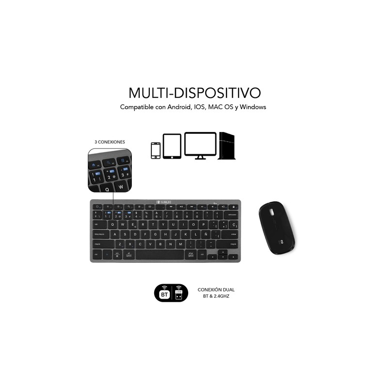 COMBO TECLADO RATON SUBBLIM MULTIDISPOSITIVO COMPACTO GRIS/NEGRO BLUETOOTH