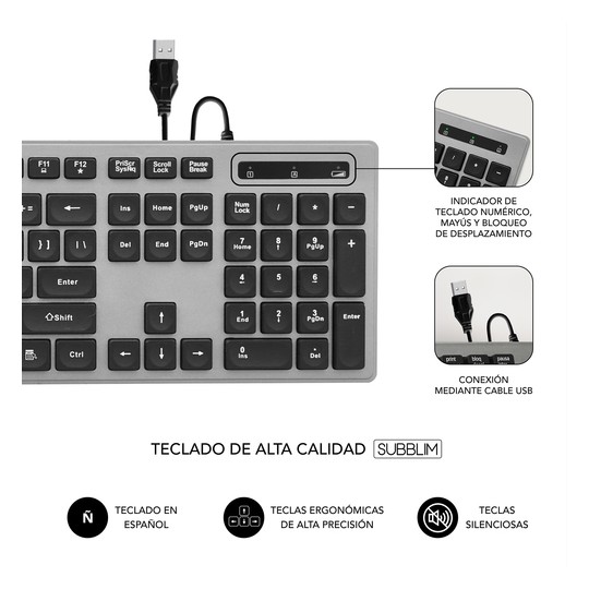 TECLADO USB SUBBLIM WIRED ERGO KEYS SILENT FLAT HQ GREY USB