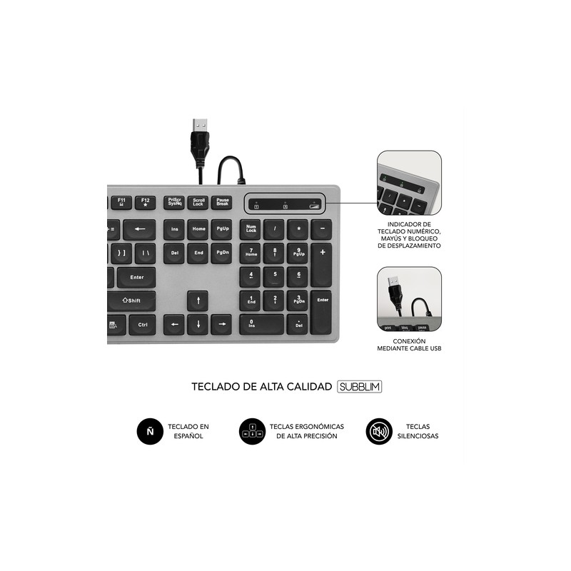 TECLADO USB SUBBLIM WIRED ERGO KEYS SILENT FLAT HQ GREY USB