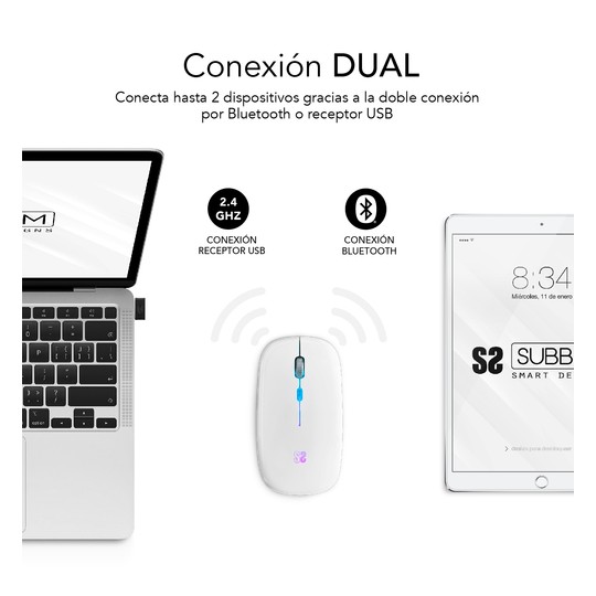 RATON SUBBLIM LED DUAL FLAT MOUSE WHITE