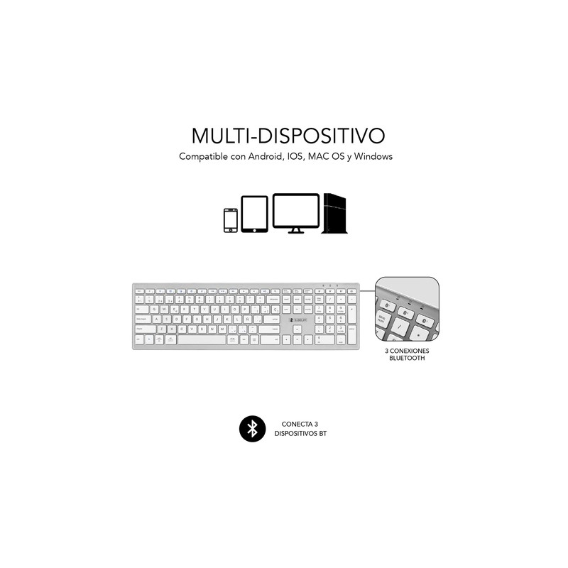 TECLADO SUBBLIM KEYBOARD BLUETOOTH PURE EXTENDED SILVER