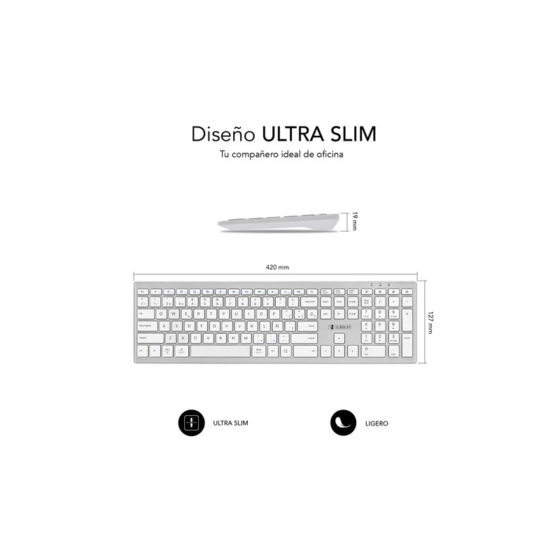 TECLADO SUBBLIM KEYBOARD BLUETOOTH PURE EXTENDED SILVER
