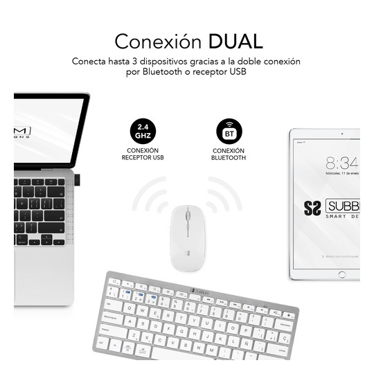 COMBO TECLADO RATON SUBBLIM MULTIDISPOSITIVO COMPACTO PLATEADO/BLANCO BLUETOOTH