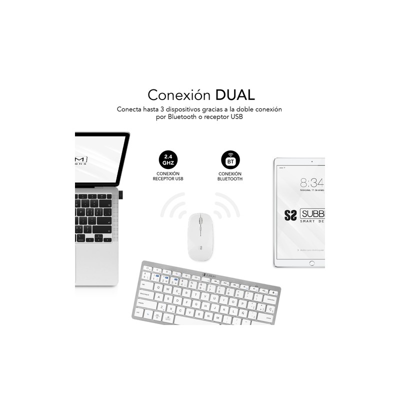 COMBO TECLADO RATON SUBBLIM MULTIDISPOSITIVO COMPACTO PLATEADO/BLANCO BLUETOOTH