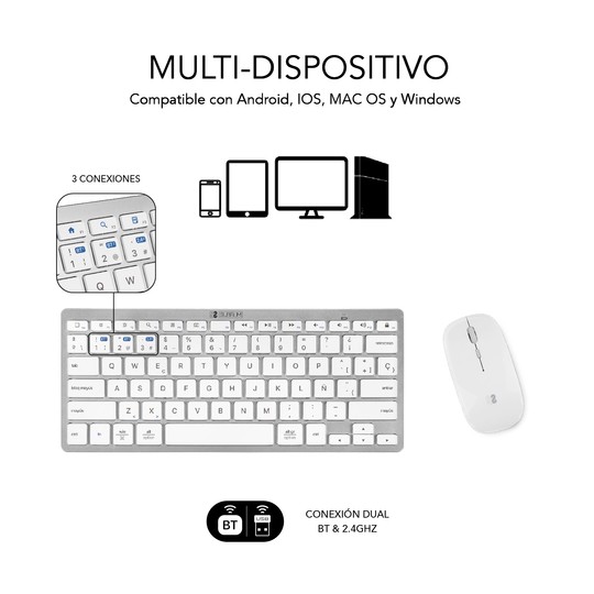COMBO TECLADO RATON SUBBLIM MULTIDISPOSITIVO COMPACTO PLATEADO/BLANCO BLUETOOTH