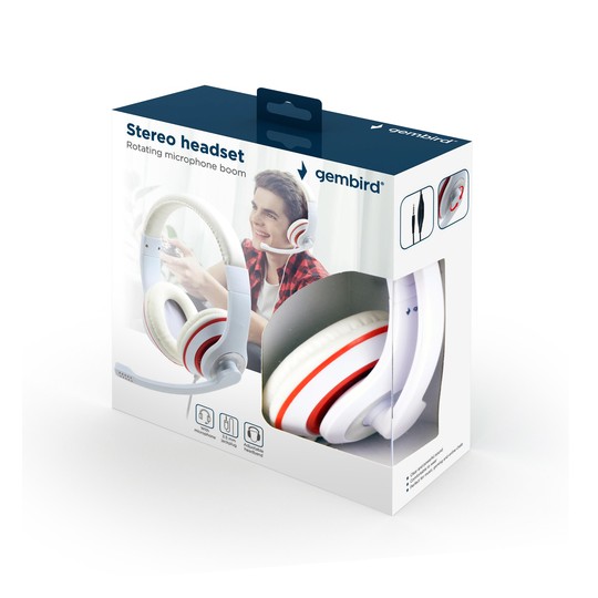 AURICULARES ESTEREO GEMBIRD  COLOR BLANCO CON ARO ROJO