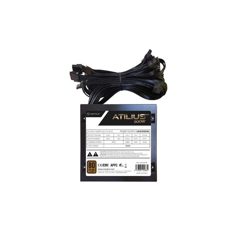 Fuente De Alimentacion Unyka Atx Uk212501 Atilius 2.0 Black 500w Apfc 80+ Bronze Ventilador 120mm Ultra Silencioso 85% Eficie