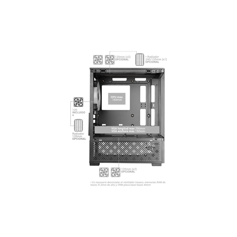 CAJA MICROATX GAMING MARS GAMING MC-SE2 BLACK CRISTAL CONTINUO GPU 290mm 1x3.5 2x2.5