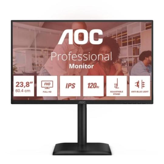 AOC Monitor 23.8" LED IPS FullHD 120Hz - Respuesta 4ms - Ajustable en Altura, Giratorio e Inclinable - Altavoces 4W - USB, HDMI,