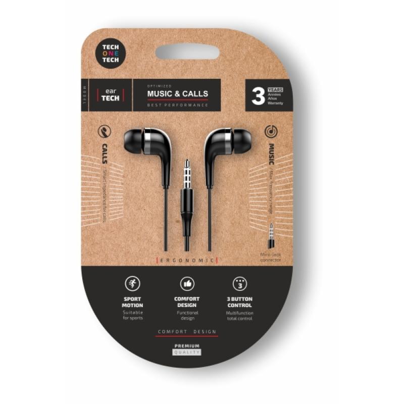 TechOneTech Soft EearTech Auriculares Intraurales - Microfono Integrado - Mini Jack 3.5mm - Cable de 1.20m - Negro