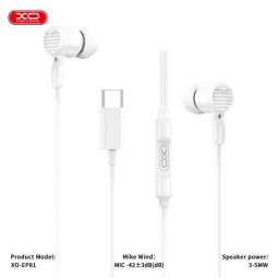 XO EP81 Auriculares Intrauditivos con Microfono - Conexion USB-C - Cable de 1.20m - Color Blanco