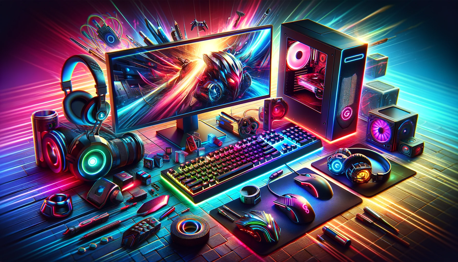 DALL·E 2024-01-25 15-57-43 - A visually stunning banner for a gaming website, featuring elements like gaming computers, RGB lighting, and gaming accessories- The image should be v